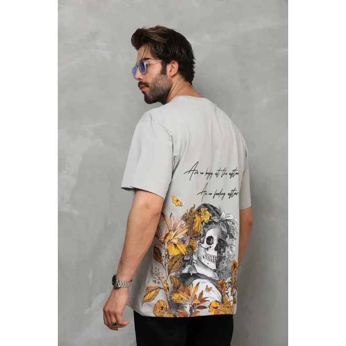 Erkek Kısa Kol Yazlık Tişört Bisiklet Yaka Baskılı Oversize T-Shirt - Gri