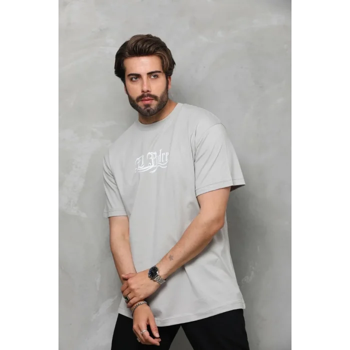 Erkek Kısa Kol Yazlık Tişört Bisiklet Yaka Baskılı Oversize T-Shirt - Gri