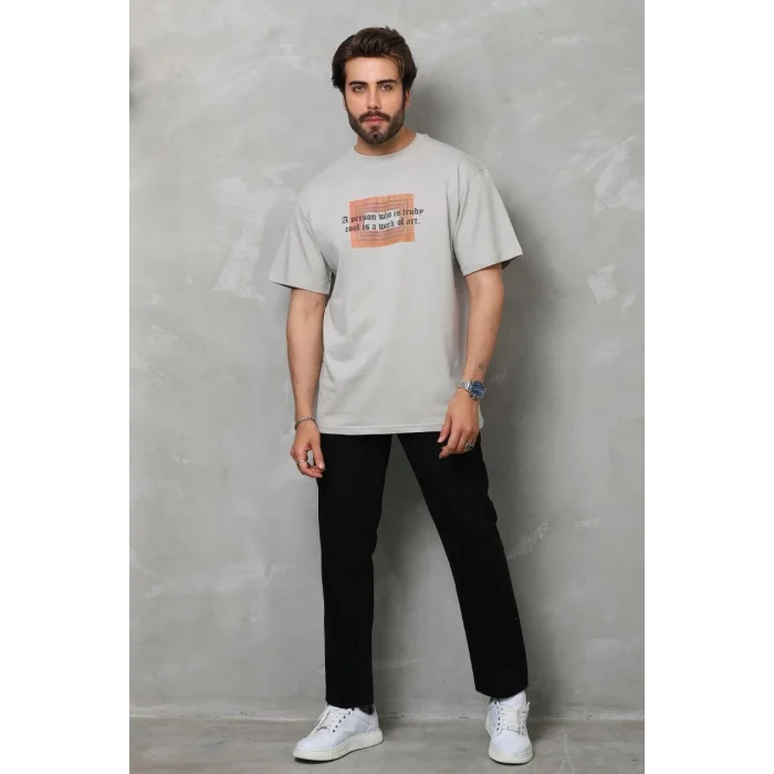 Erkek Baskılı T-Shirt Kısa Kol Bisiklet Yaka Regular Fit Rahat Kalıp Tişört -  Gri