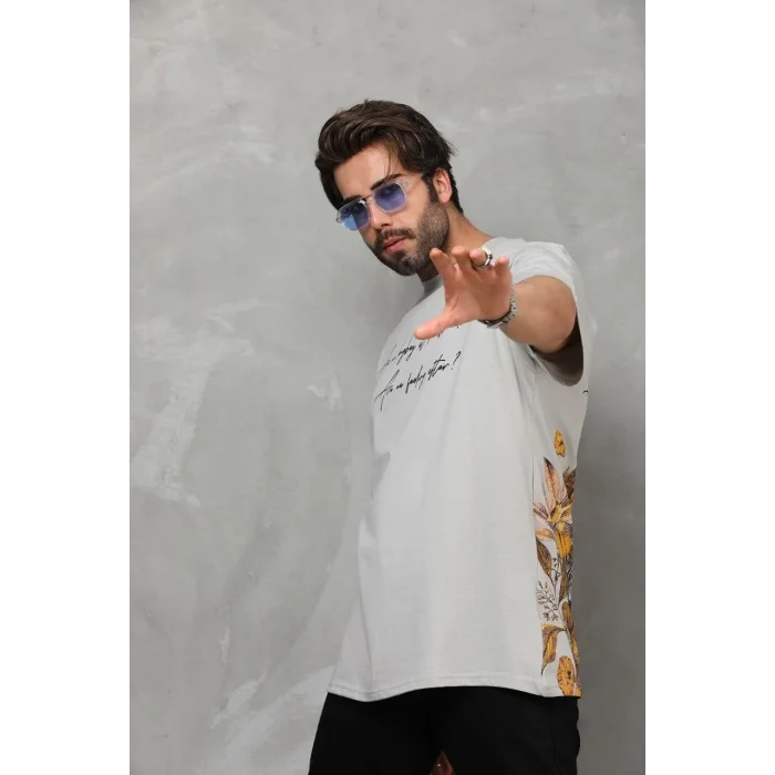 Erkek Kısa Kol Yazlık Tişört Bisiklet Yaka Baskılı Oversize T-Shirt - Gri