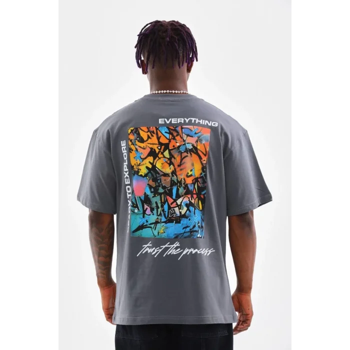 Erkek Tişort  Bisiklet Yaka Baskılı Oversize T-Shirt - Gri
