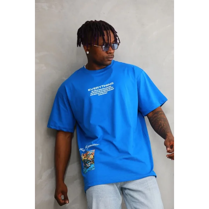 Erkek Bisiklet Yaka Baskılı Oversize T-Shirt - Mavi