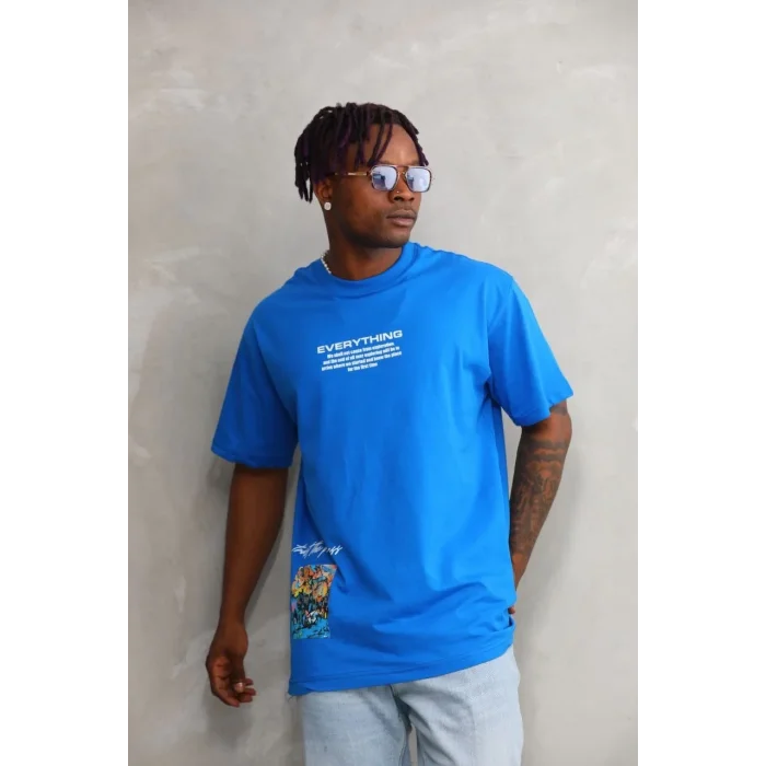 Erkek Bisiklet Yaka Baskılı Oversize T-Shirt - Mavi