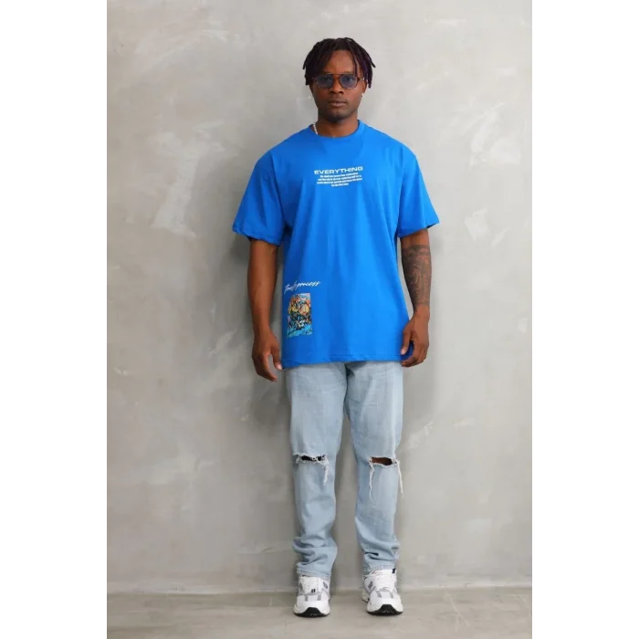 Erkek Bisiklet Yaka Baskılı Oversize T-Shirt - Mavi