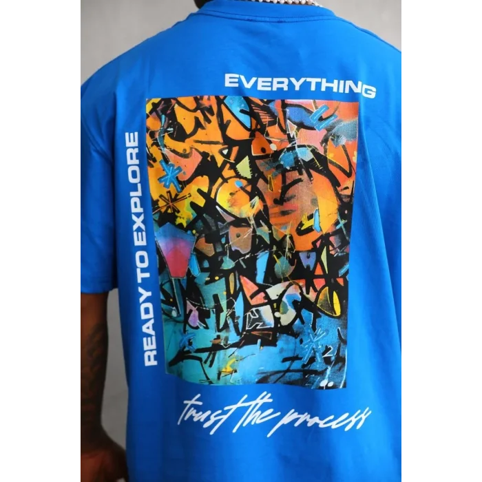 Erkek Bisiklet Yaka Baskılı Oversize T-Shirt - Mavi