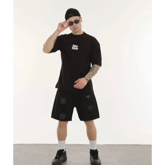 Erkek Kısa Kol Yazlık Tişört Bisiklet Yaka Baskılı Oversize T-Shirt - Siyah