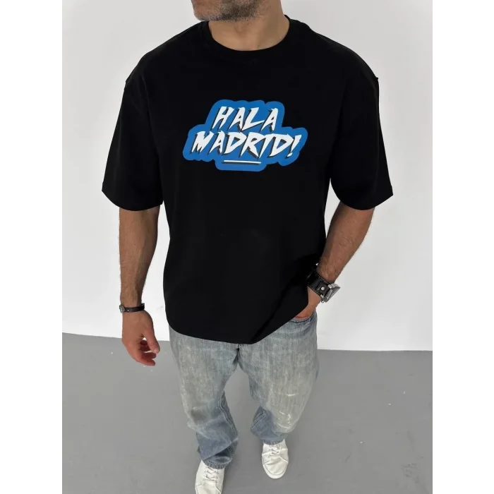 ERKEK Tişört Bisiklet Yaka Baskılı Oversize T-Shirt - Siyah
