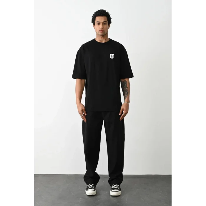 Erkek Kısa Kol Yazlık Tişört Bisiklet Yaka Baskılı Oversize T-Shirt - Siyah