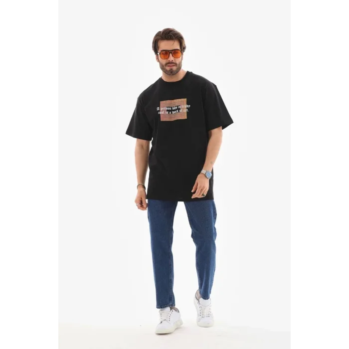 Erkek Baskılı T-Shirt Kısa Kol Bisiklet Yaka Regular Fit Rahat Kalıp Tişört -  Siyah