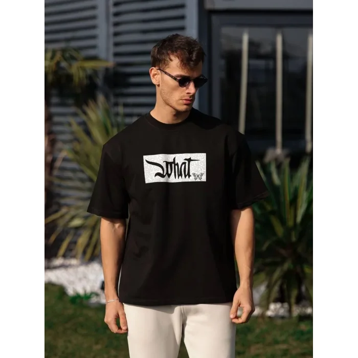 Erkek Kısa Kol Yazlık Tişört Bisiklet Yaka Baskılı Oversize T-Shirt - Siyah