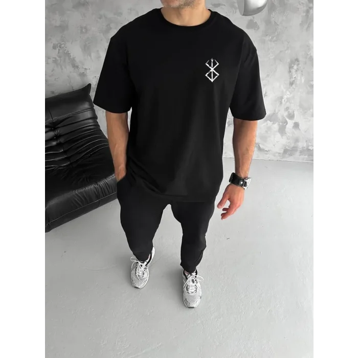 Erkek Kısa Kol Yazlık Tişört Bisiklet Yaka Baskılı Oversize T-Shirt - Siyah