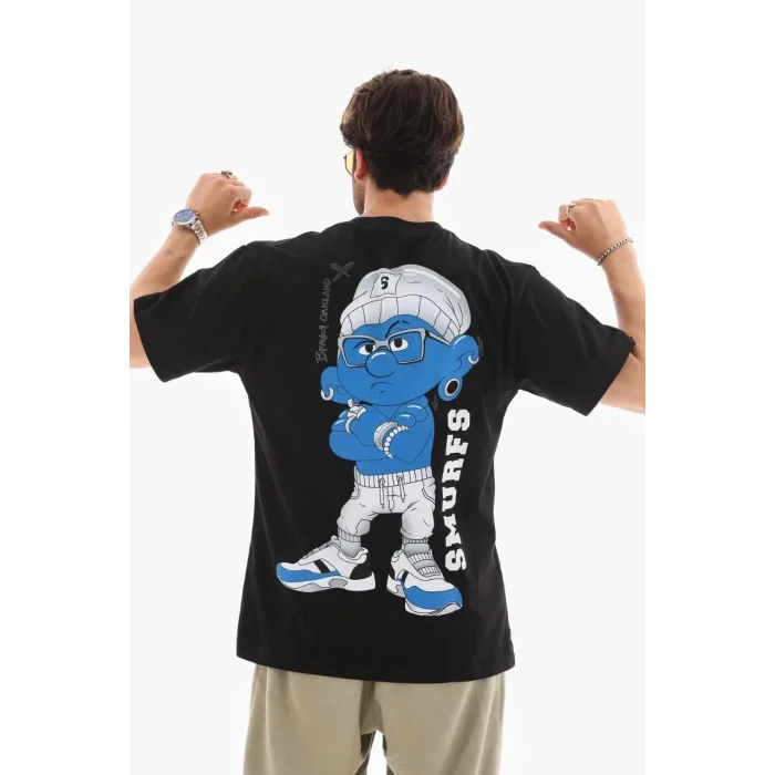 Erkek Kısa Kol Yazlık Tişört Bisiklet Yaka Baskılı Oversize T-Shirt - Siyah