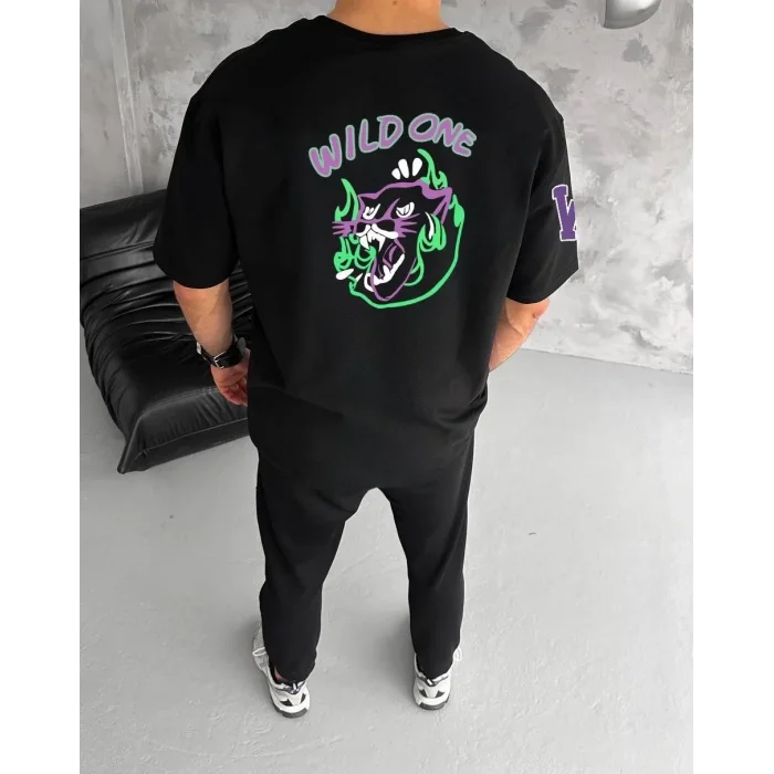 Erkek Kısa Kol Tişört Bisiklet Yaka W Wildone Baskılı T-Shirt - Siyah