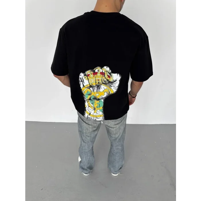 ERKEK Tişört Bisiklet Yaka Baskılı Oversize T-Shirt - Siyah