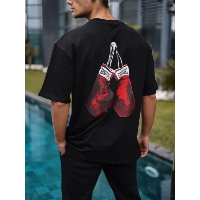 Erkek Kısa Kol Tişört Bisiklet Yaka Box Eldiven Baskılı T-Shirt -  Siyah