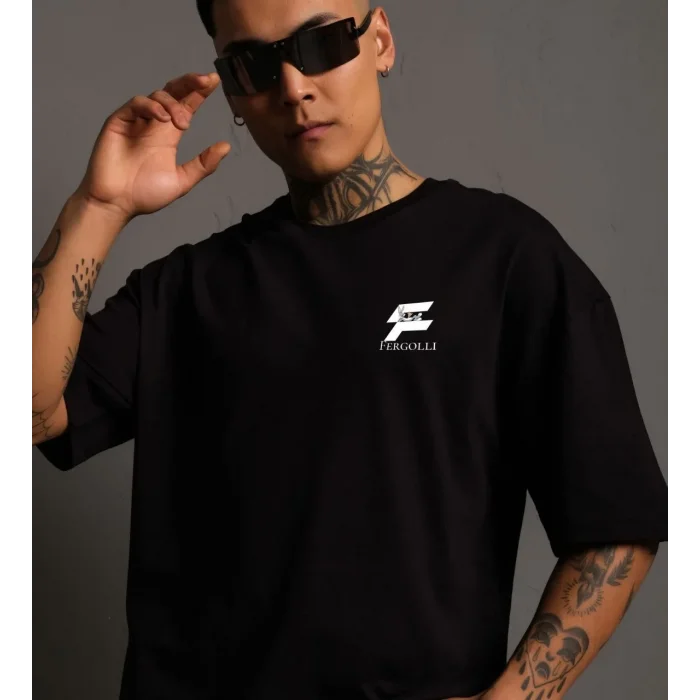 Erkek Kısa Kol Yazlık Tişört Bisiklet Yaka Baskılı Oversize T-Shirt - Siyah