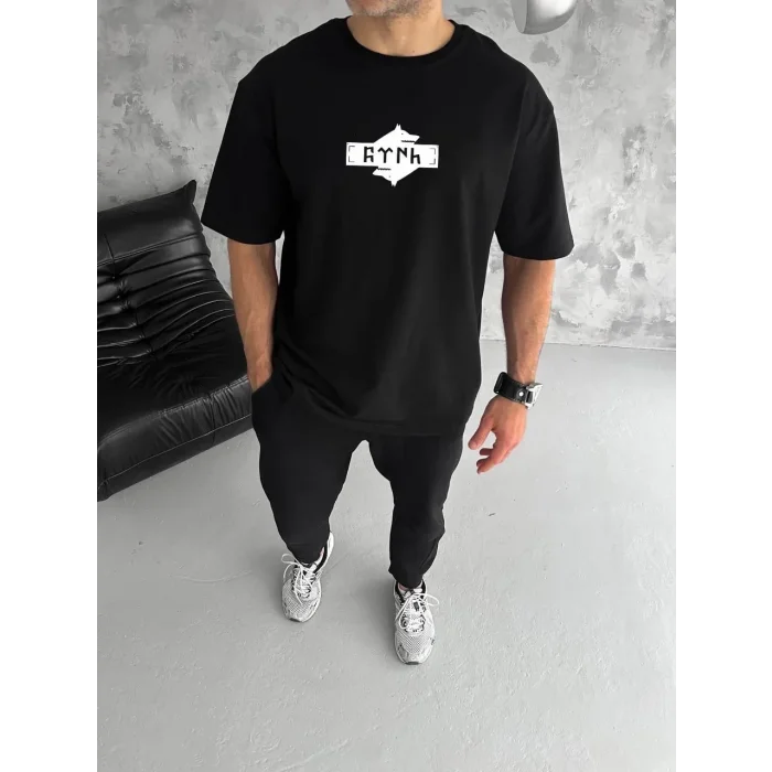 Erkek Kısa Kol Yazlık Tişört Bisiklet Yaka Baskılı Oversize T-Shirt - Siyah