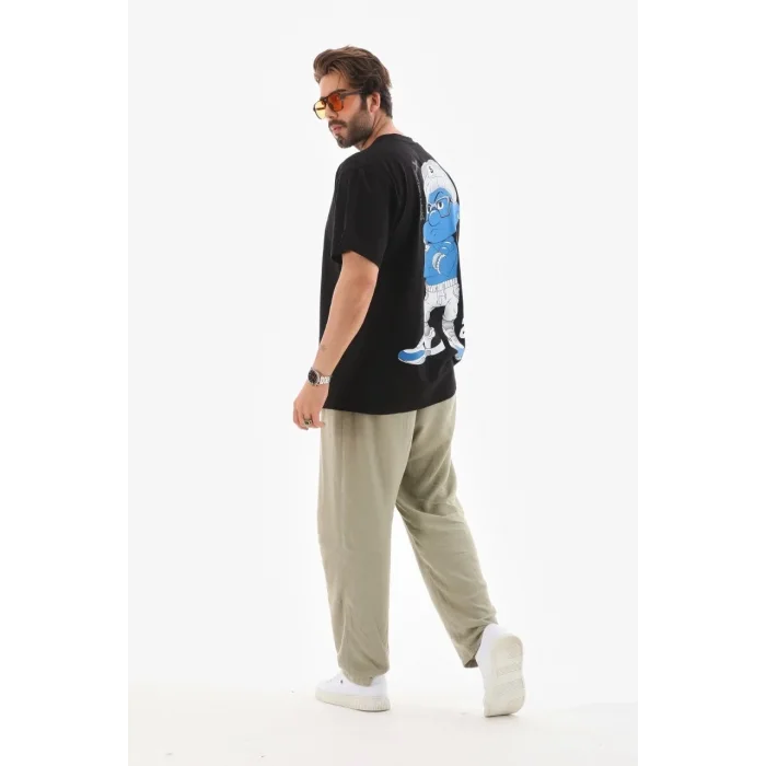 Erkek Kısa Kol Yazlık Tişört Bisiklet Yaka Baskılı Oversize T-Shirt - Siyah