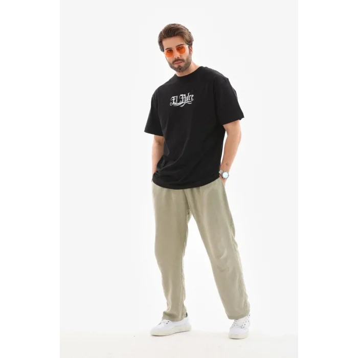 Erkek Kısa Kol Yazlık Tişört Bisiklet Yaka Baskılı Oversize T-Shirt - Siyah