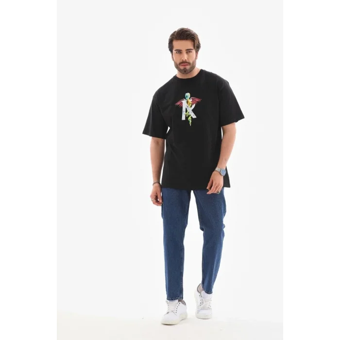 Erkek Baskılı T-Shirt Kısa Kol Bisiklet Yaka Regular Fit Rahat Kalıp Tişört -  Siyah