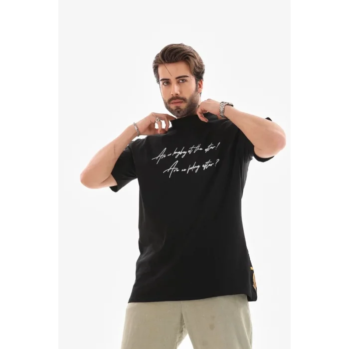 Erkek Kısa Kol Yazlık Tişört Bisiklet Yaka Baskılı Oversize T-Shirt - Siyah