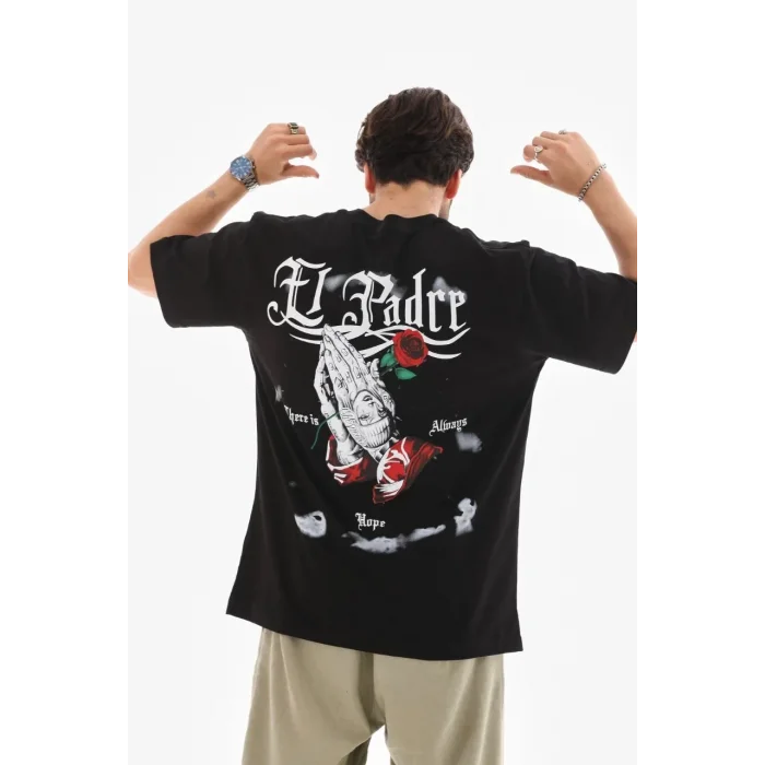 Erkek Kısa Kol Yazlık Tişört Bisiklet Yaka Baskılı Oversize T-Shirt - Siyah