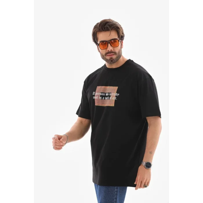 Erkek Baskılı T-Shirt Kısa Kol Bisiklet Yaka Regular Fit Rahat Kalıp Tişört -  Siyah