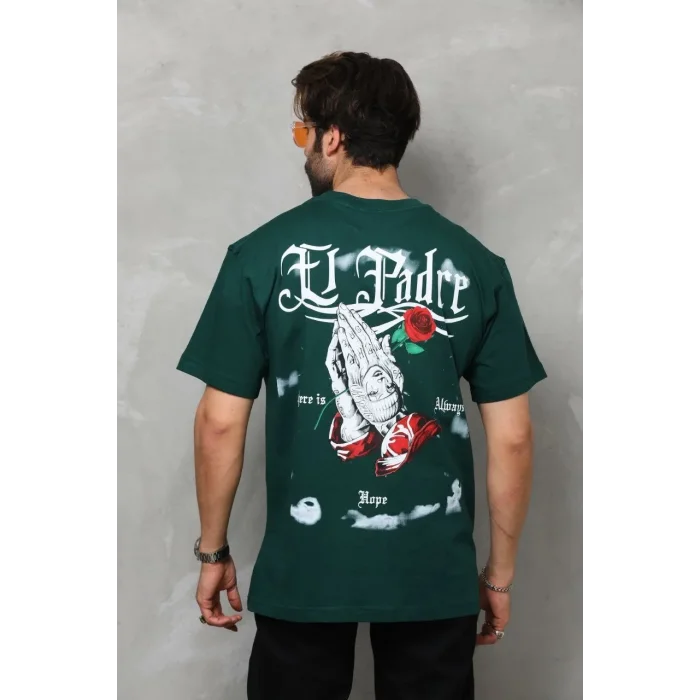 Erkek Kısa Kol Yazlık Tişört Bisiklet Yaka Baskılı Oversize T-Shirt - Yeşil