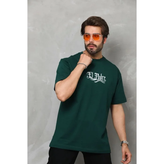 Erkek Kısa Kol Yazlık Tişört Bisiklet Yaka Baskılı Oversize T-Shirt - Yeşil