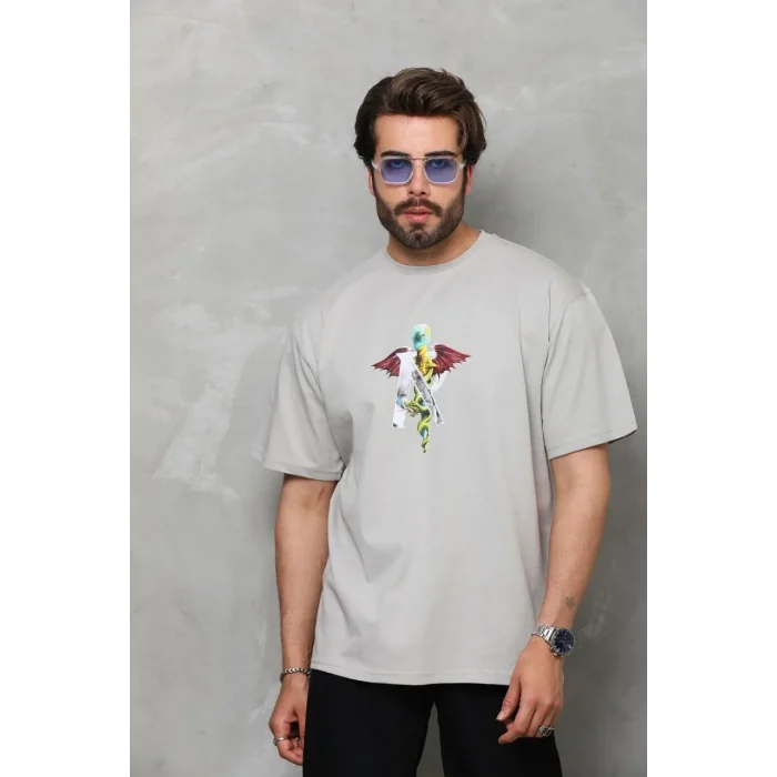 Erkek Baskılı T-Shirt Kısa Kol Bisiklet Yaka Regular Fit Rahat Kalıp Tişört -  Gri