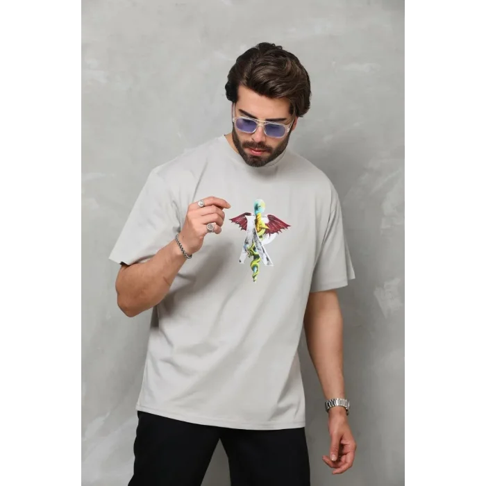 Erkek Baskılı T-Shirt Kısa Kol Bisiklet Yaka Regular Fit Rahat Kalıp Tişört -  Gri