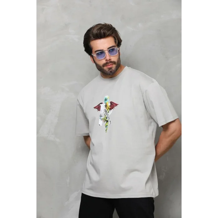 Erkek Baskılı T-Shirt Kısa Kol Bisiklet Yaka Regular Fit Rahat Kalıp Tişört -  Gri