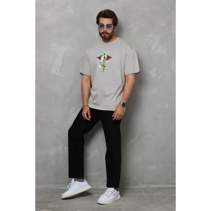 Erkek Baskılı T-Shirt Kısa Kol Bisiklet Yaka Regular Fit Rahat Kalıp Tişört -  Gri