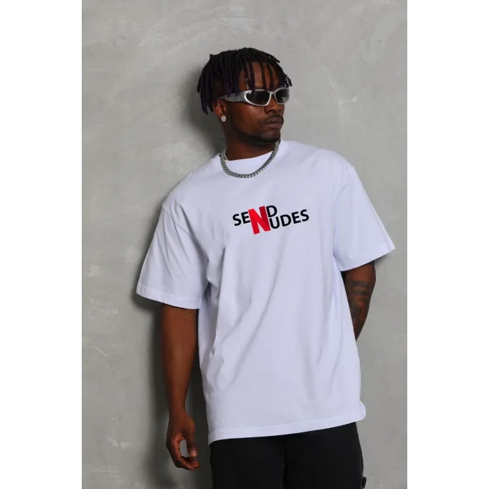 Erkek Kısa Kol Yazlık Tişört Bisiklet Yaka Baskılı Oversize T-Shirt - Beyaz