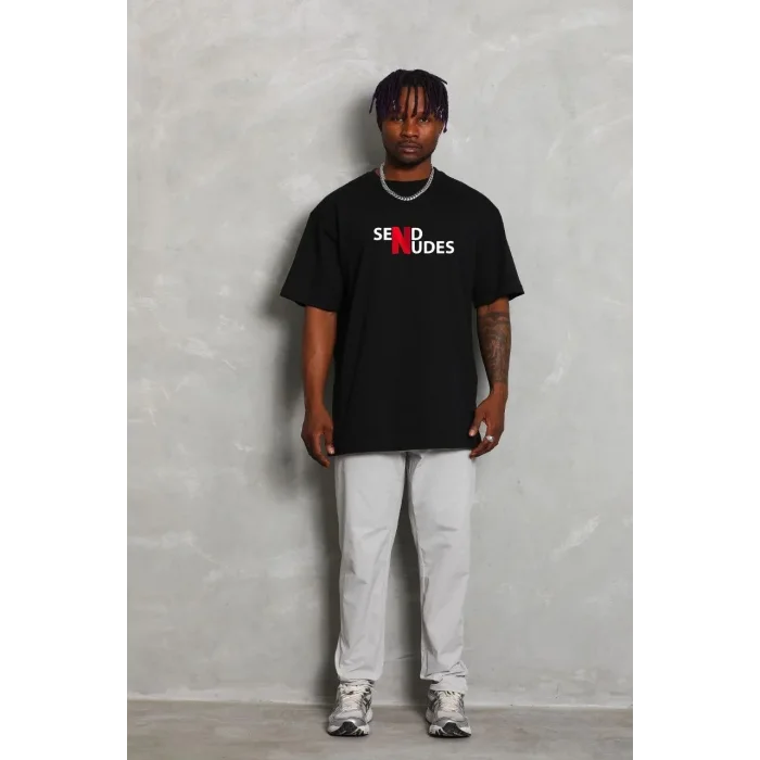 Erkek Kısa Kol Yazlık Tişört Bisiklet Yaka Baskılı Oversize T-Shirt - Siyah