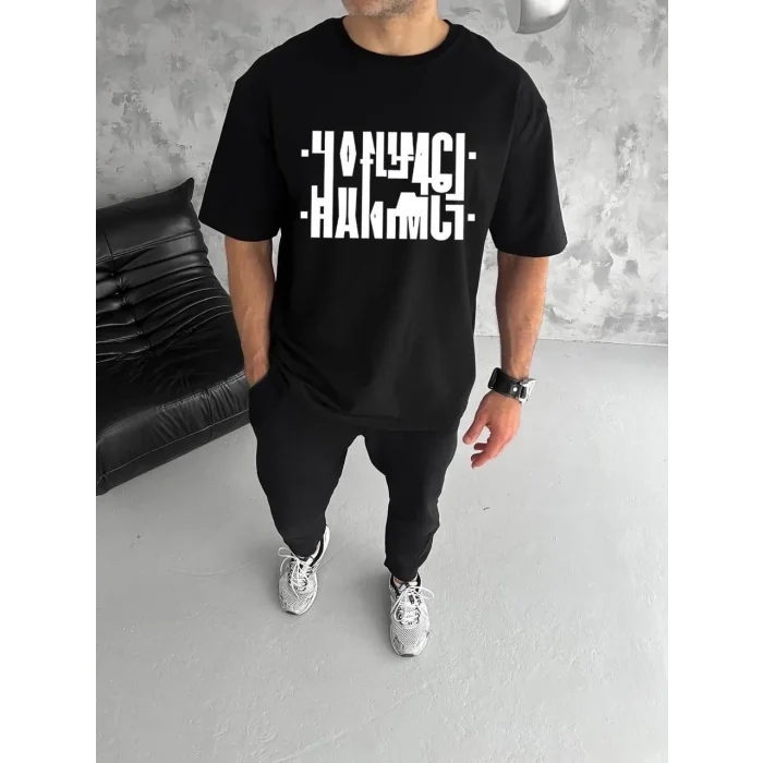 Erkek Tişört Kısa Kol Bisiklet Yaka Katlanan HANIMCI Baskılı T-Shirt - Siyah