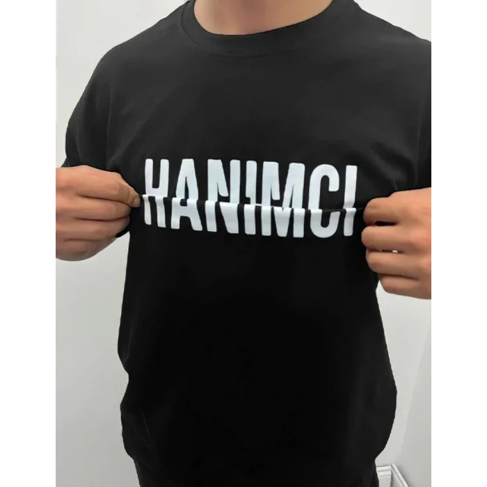 Erkek Tişört Kısa Kol Bisiklet Yaka Katlanan HANIMCI Baskılı T-Shirt - Siyah