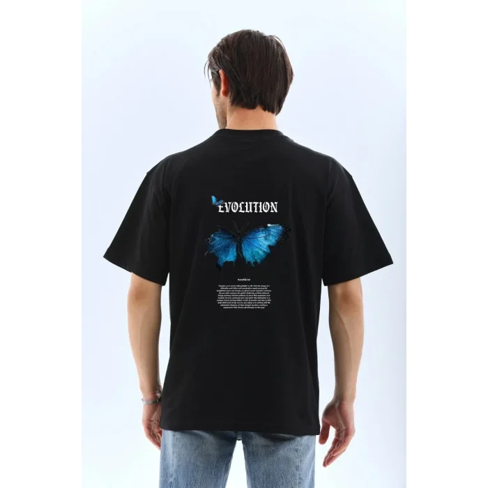 Erkek Kısa Kol Yazlık Tişört Bisiklet Yaka KELEBEK Baskılı  T-Shirt - Siyah