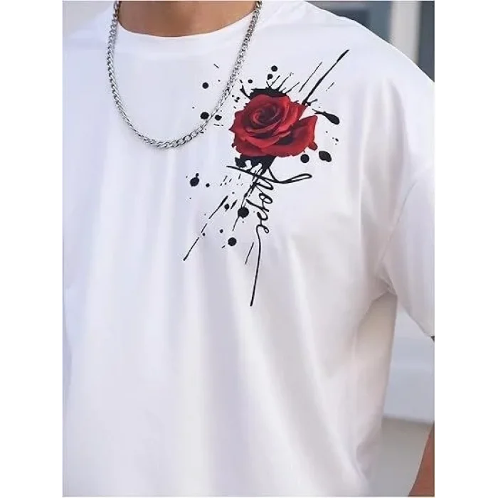 Erkek Kısa Kol Yazlık Tişört Bisiklet Yaka GÜL Baskılı T-Shirt - Beyaz