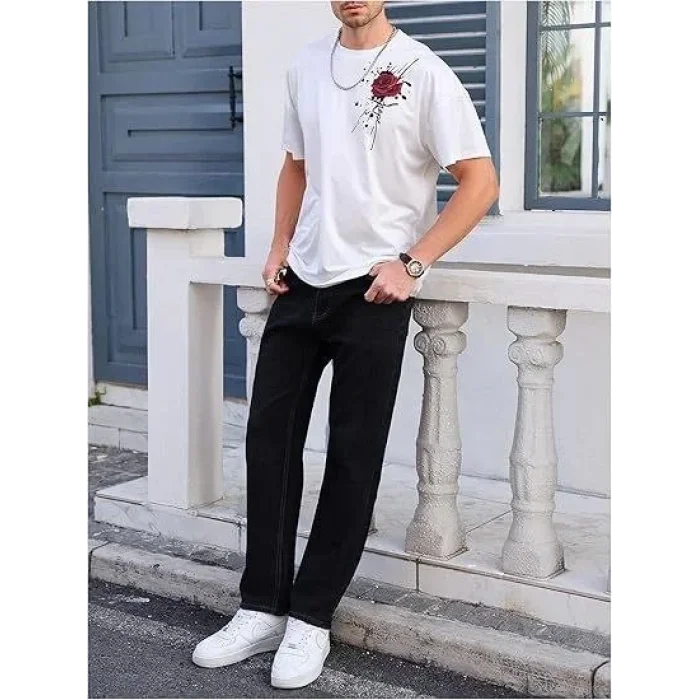 Erkek Kısa Kol Yazlık Tişört Bisiklet Yaka GÜL Baskılı T-Shirt - Beyaz