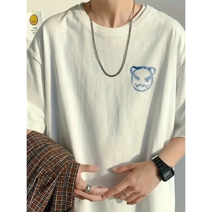 Erkek Tişört Bisiklet Yaka Kore sevimli ayı baskı Kısa Kol T-Shirt  - Beyaz