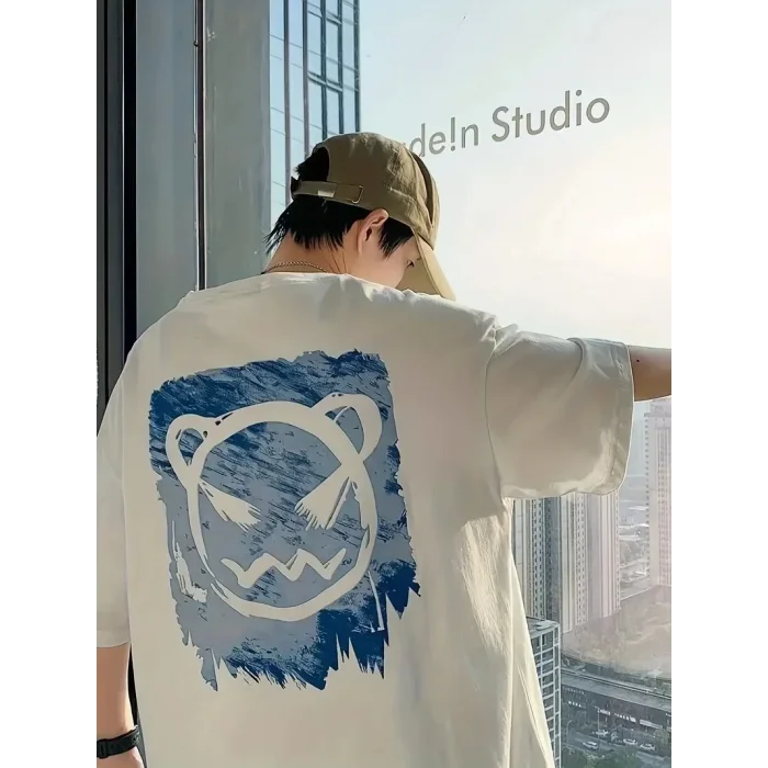 Erkek Tişört Bisiklet Yaka Kore sevimli ayı baskı Kısa Kol T-Shirt  - Beyaz