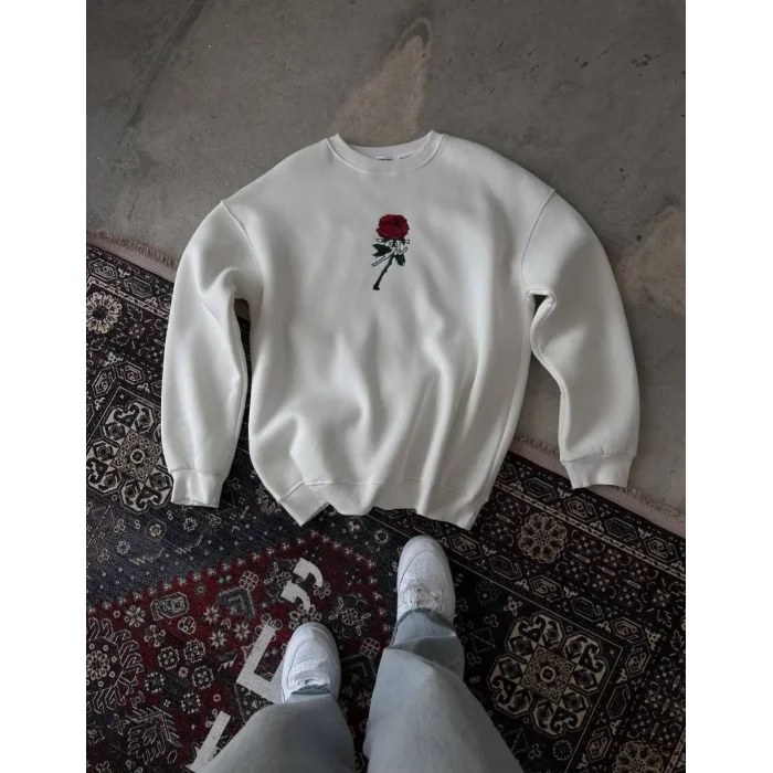 ERKEK 3 iplik Pamuklu Bisiklet Yaka Ön Ve Arka Baskılı SweatShirt -  Beyaz