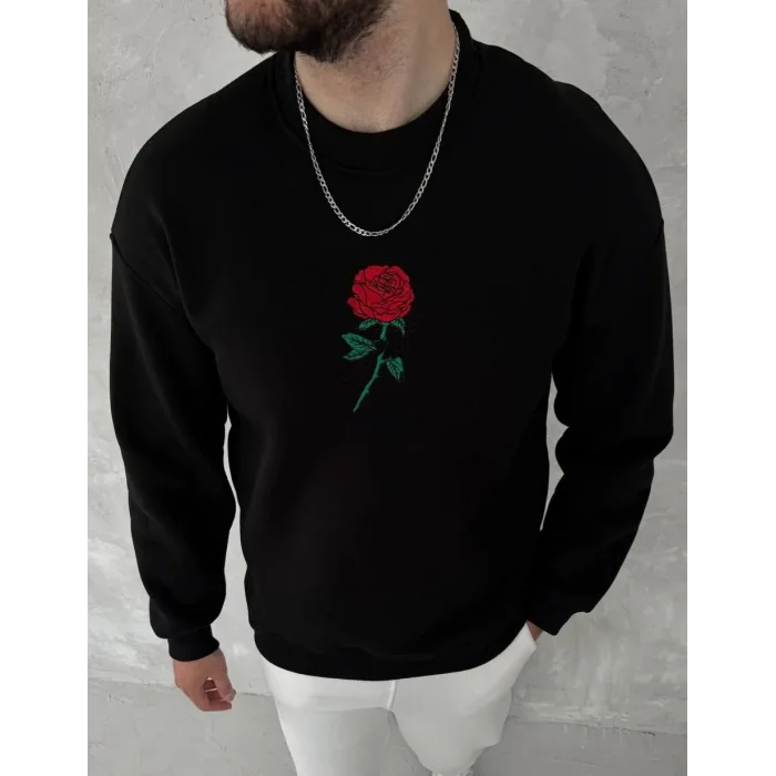 ERKEK 3 iplik Pamuklu Bisiklet Yaka Ön Ve Arka Baskılı SweatShirt - Siyah