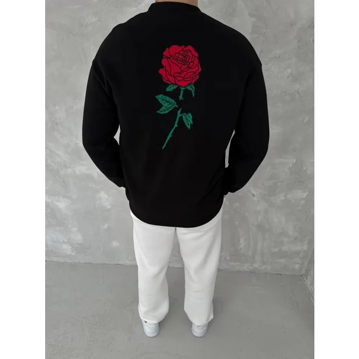 ERKEK 3 iplik Pamuklu Bisiklet Yaka Ön Ve Arka Baskılı SweatShirt - Siyah