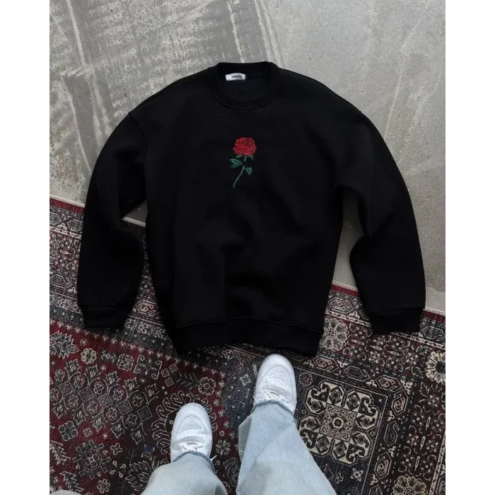ERKEK 3 iplik Pamuklu Bisiklet Yaka Ön Ve Arka Baskılı SweatShirt - Siyah