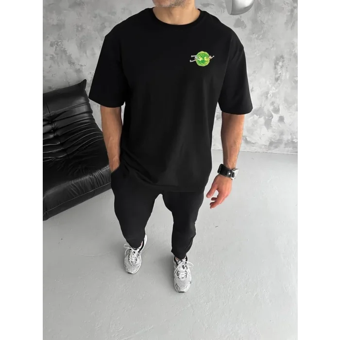 Erkek Kısa Kol Tişört Bisiklet Yaka RİCK AND MORTY Baskılı T-Shirt - Siyah