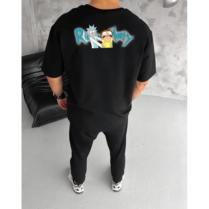 Erkek Kısa Kol Tişört Bisiklet Yaka RİCK AND MORTY Baskılı T-Shirt - Siyah