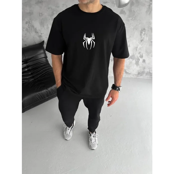 Erkek Kısa Kol Tişört Bisiklet Yaka ÖRÜMCEK Baskılı Oversize T-Shirt - Siyah