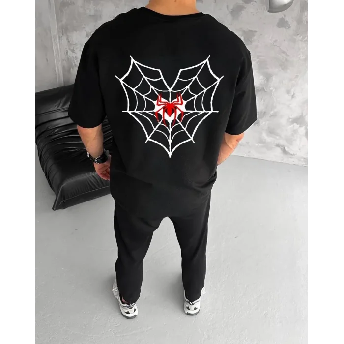 Erkek Kısa Kol Tişört Bisiklet Yaka ÖRÜMCEK Baskılı Oversize T-Shirt - Siyah